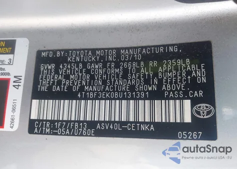 2011 Toyota Camry Se/Le/Xle z USA, uszkodzony, nr VIN 4T1BF3EK0BU131391